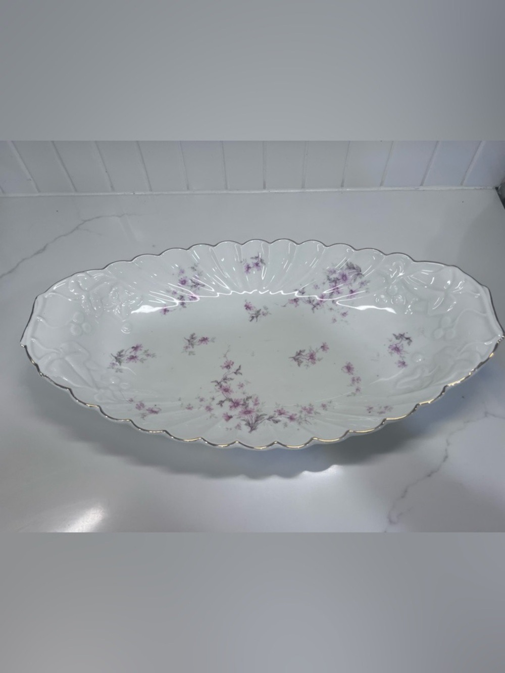 Antique Porcelain Oval Serving Platter Violets Scalloped Embossed Edge 16 x 9